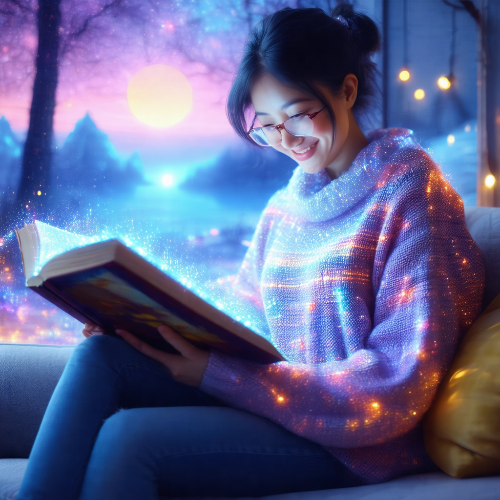 Woman sitting on a couch, reading a book