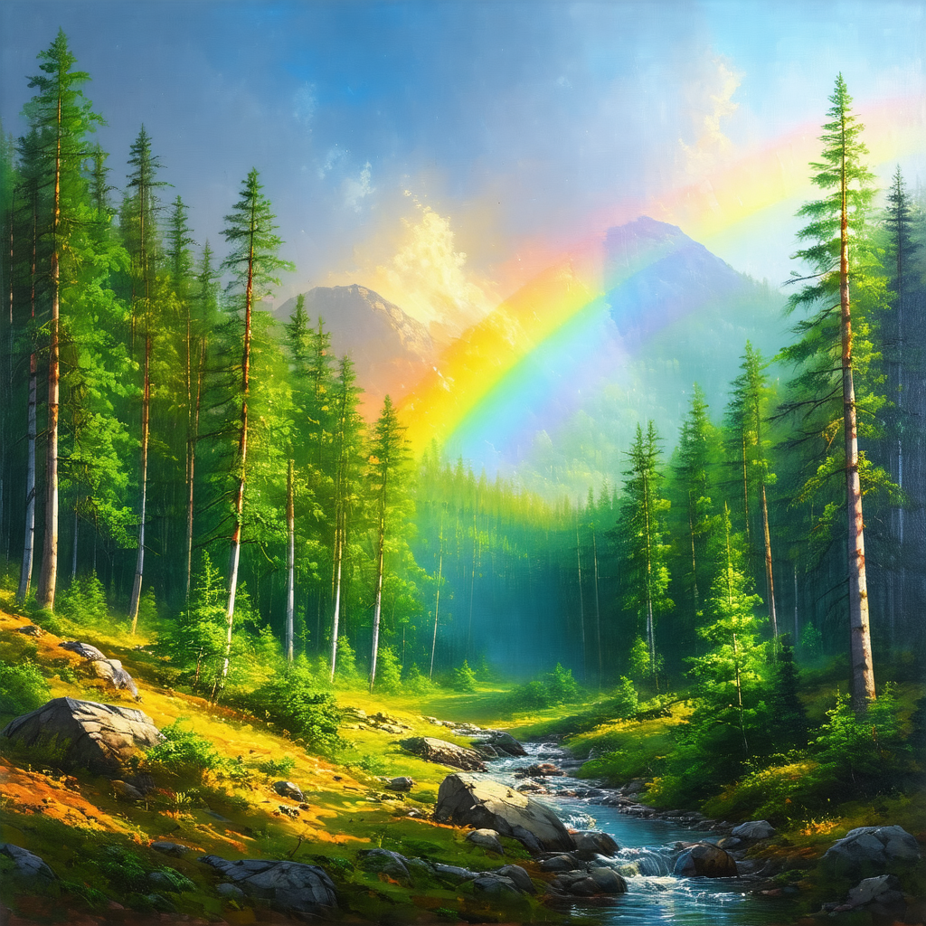 Beautiful scene of a rainbow in the sky, with a river flo...