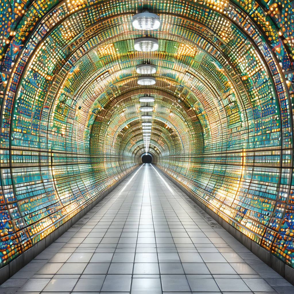 Long, colorful tunnel that appears to be a subway or trai...