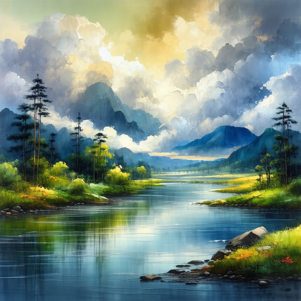 Serene scene of a river flowing through a valley, surroun...