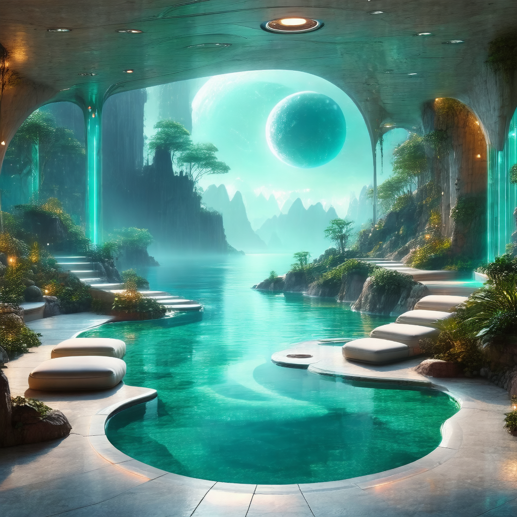 Futuristic scene featuring a large, blue swimming pool wi...