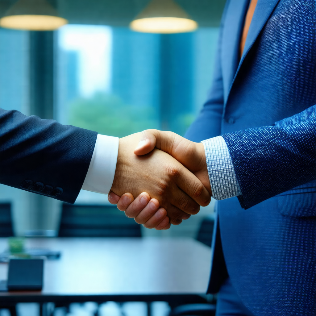 Man in a suit shaking hands with another man in a busines...
