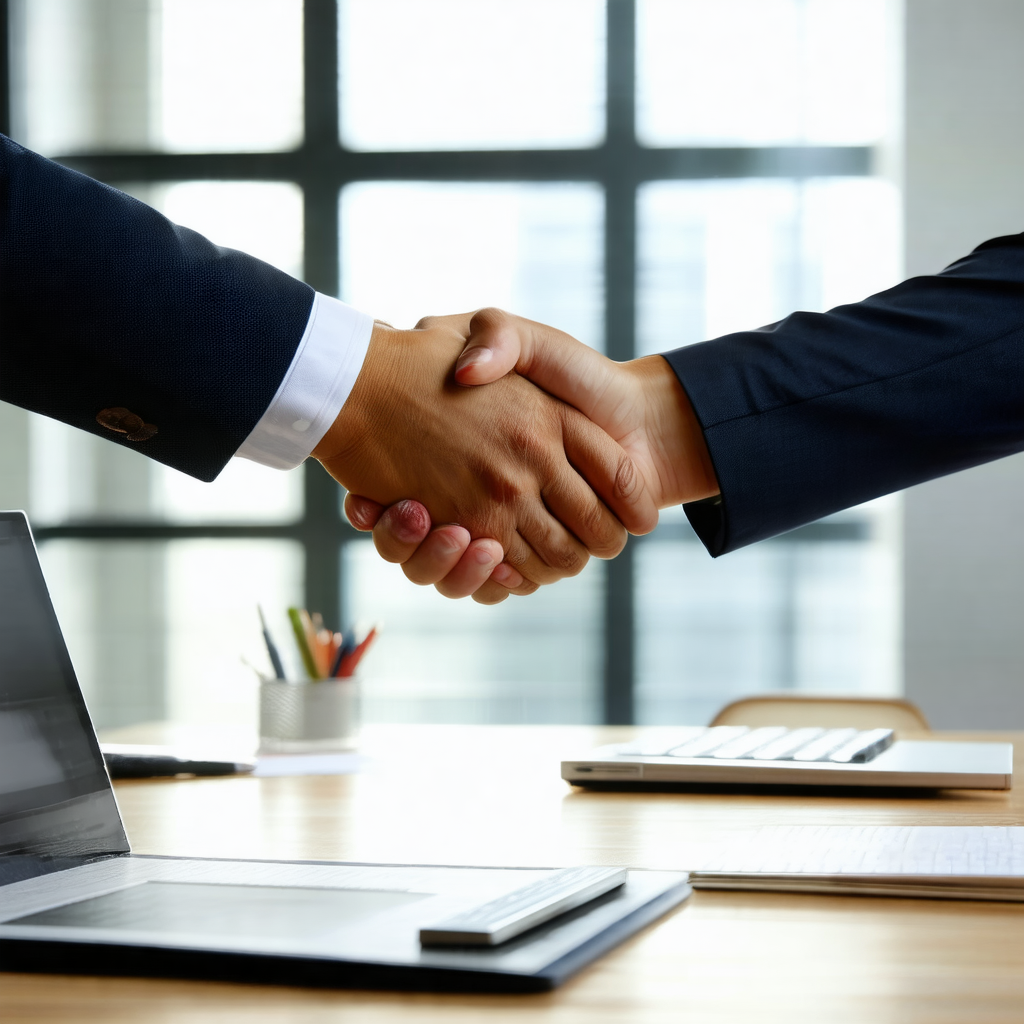 Two men shaking hands in a professional setting