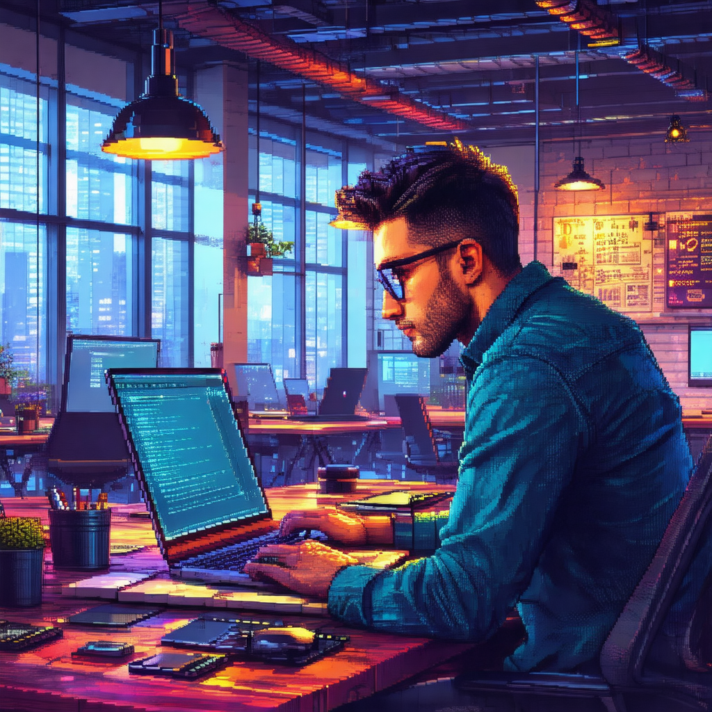 Man sitting at a desk in a room, working on a laptop comp...