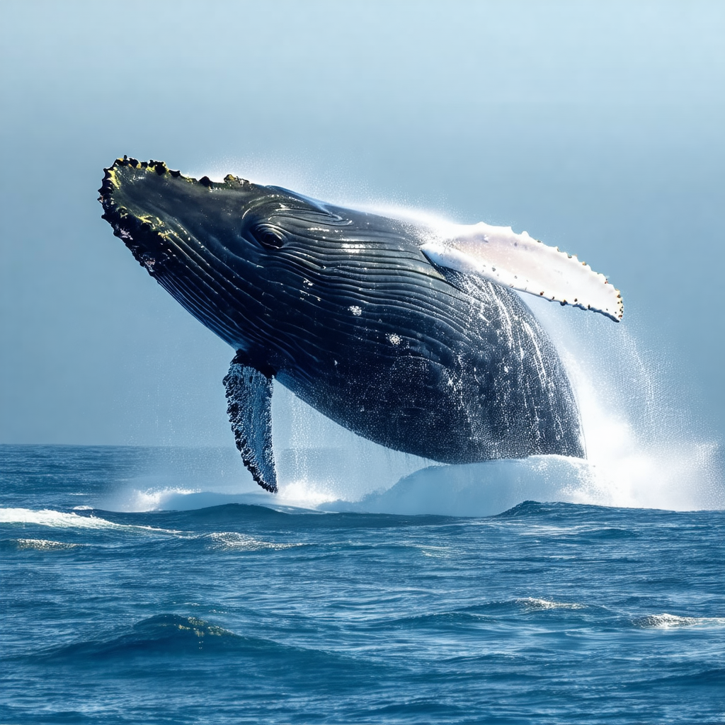 Large blue whale in the ocean, with its tail end visible ...