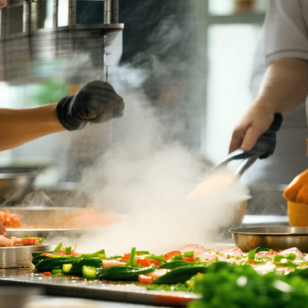 Group of people working together in a kitchen, preparing ...