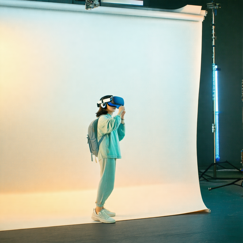Woman wearing a blue jacket and a backpack, standing in f...