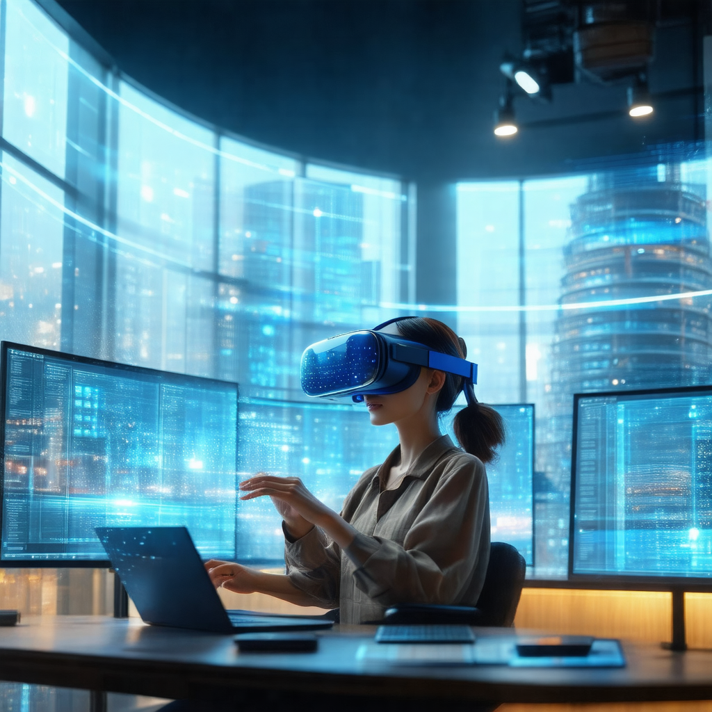 Woman wearing a blue virtual reality headset, sitting at ...