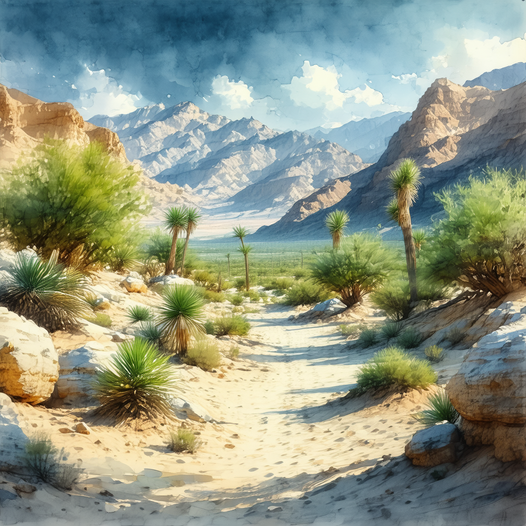 Desert landscape with a sandy path leading to a mountain ...