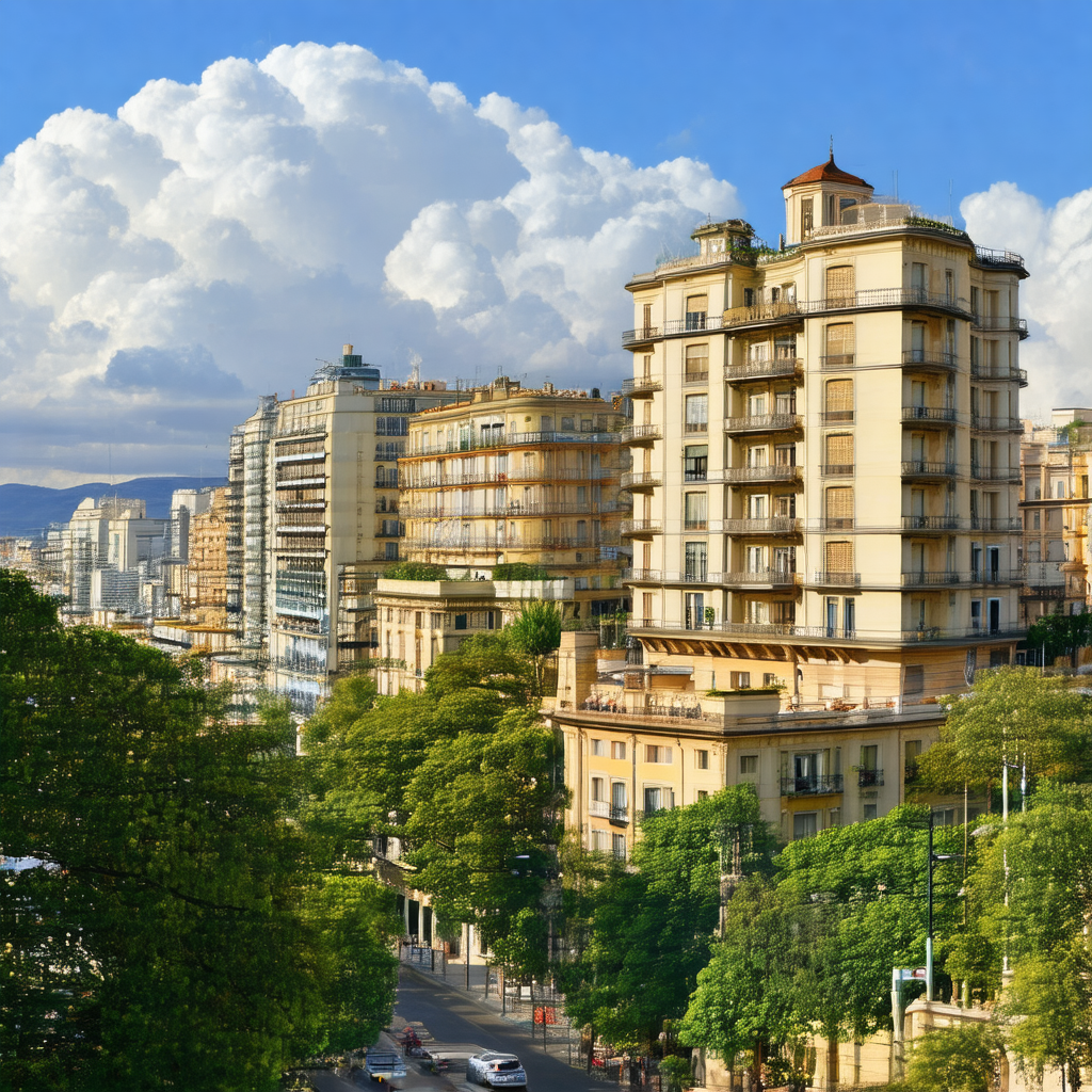 Bustling city street filled with tall buildings and trees