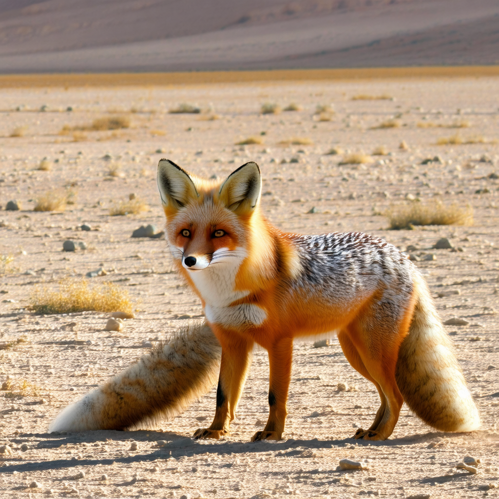 Small, cute fox standing in a desert-like environment