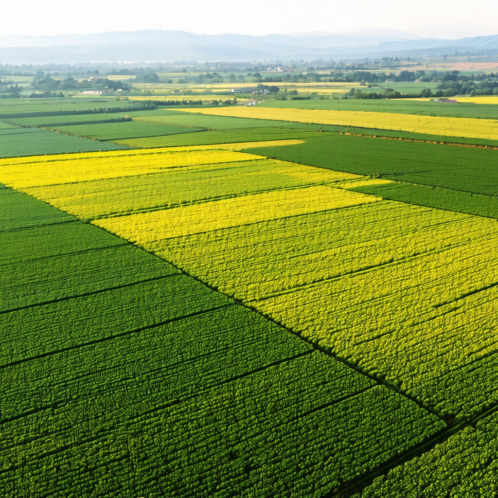 Large, lush green field with a yellow and green checkerbo...