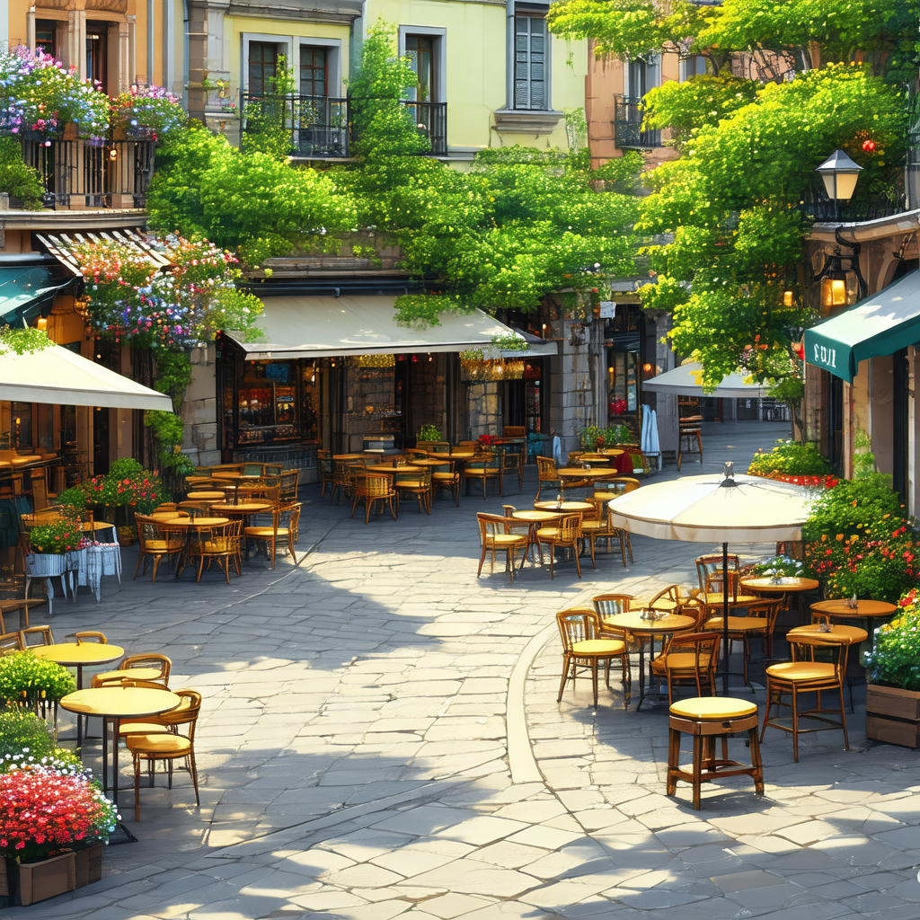 Lively outdoor cafe scene with numerous tables and chairs...