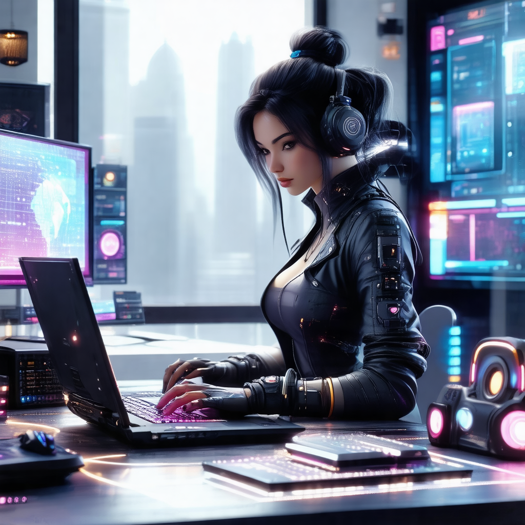 Woman sitting at a desk, working on a laptop computer