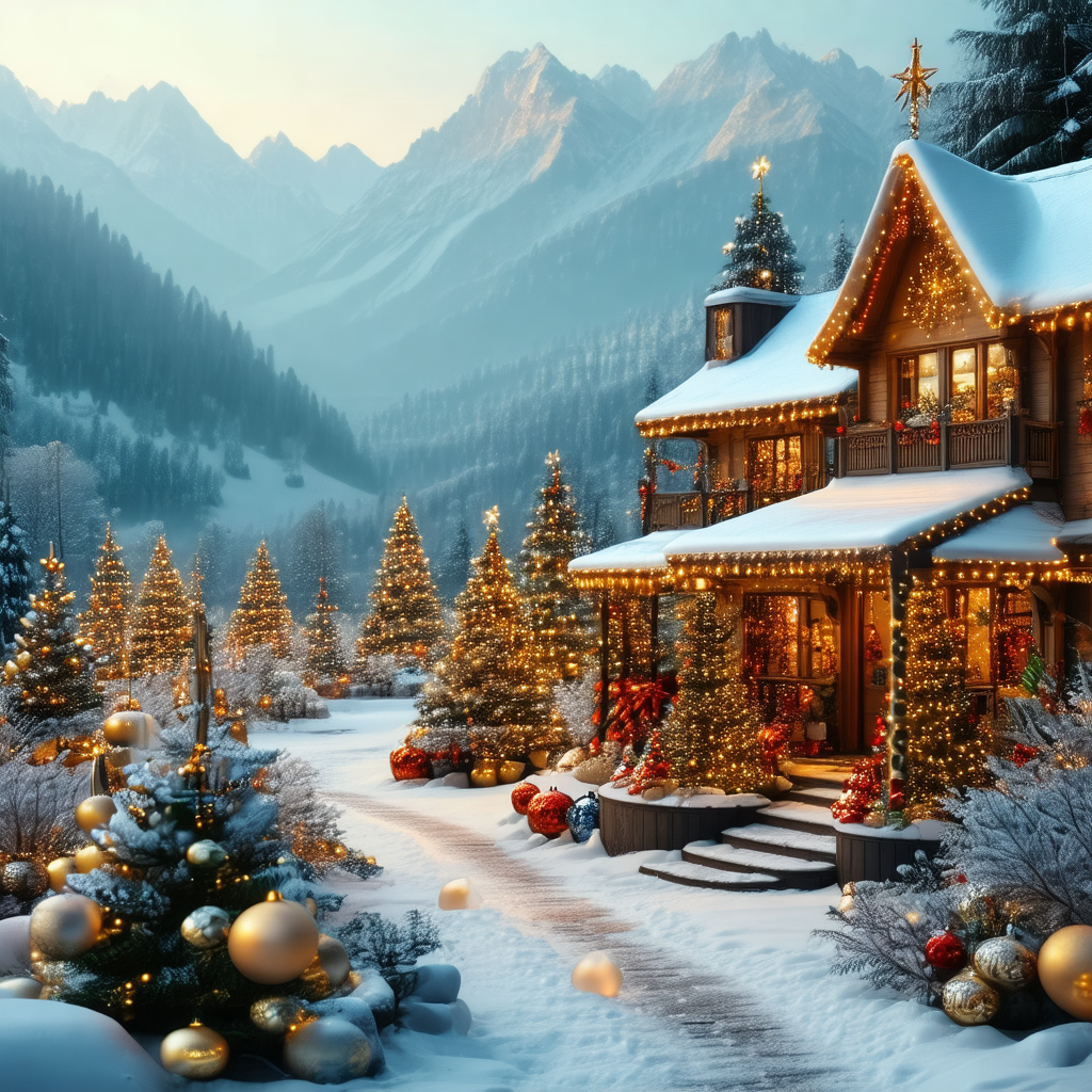 Beautifully decorated christmas tree house, surrounded by...