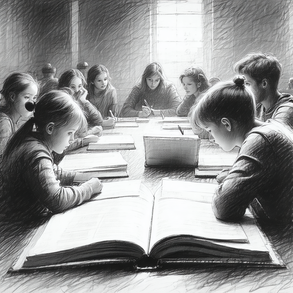 Group of children sitting around a table, each focused on...