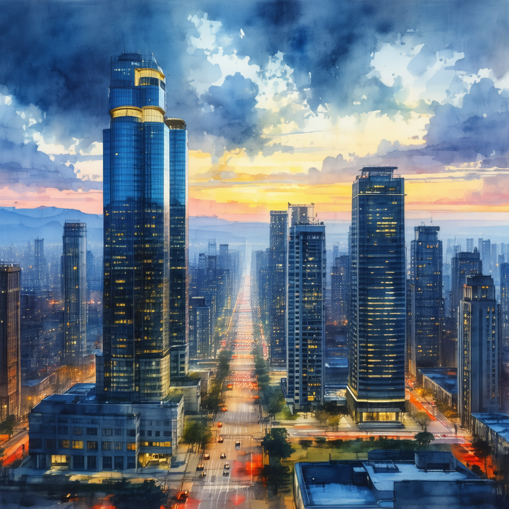 Painting of a city street at dusk