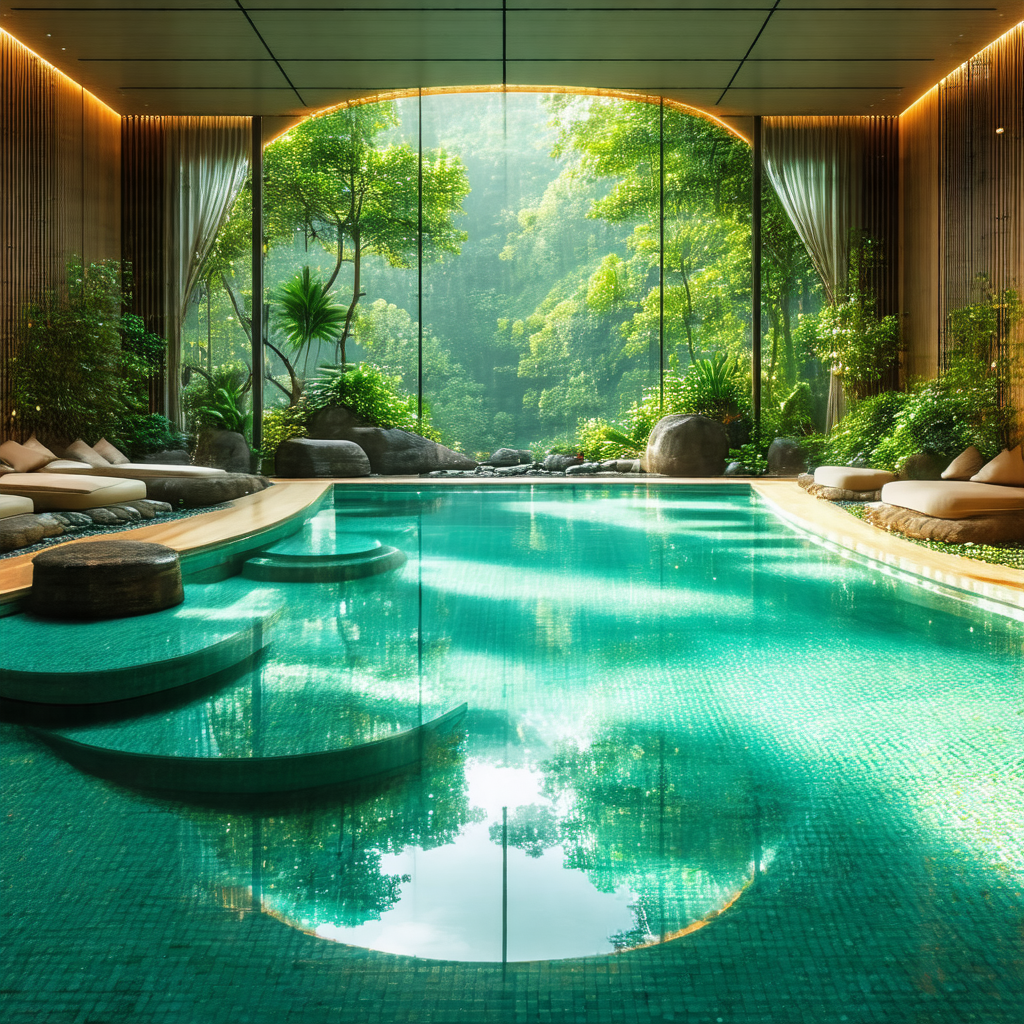 Large swimming pool with a glass wall, surrounded by a lu...