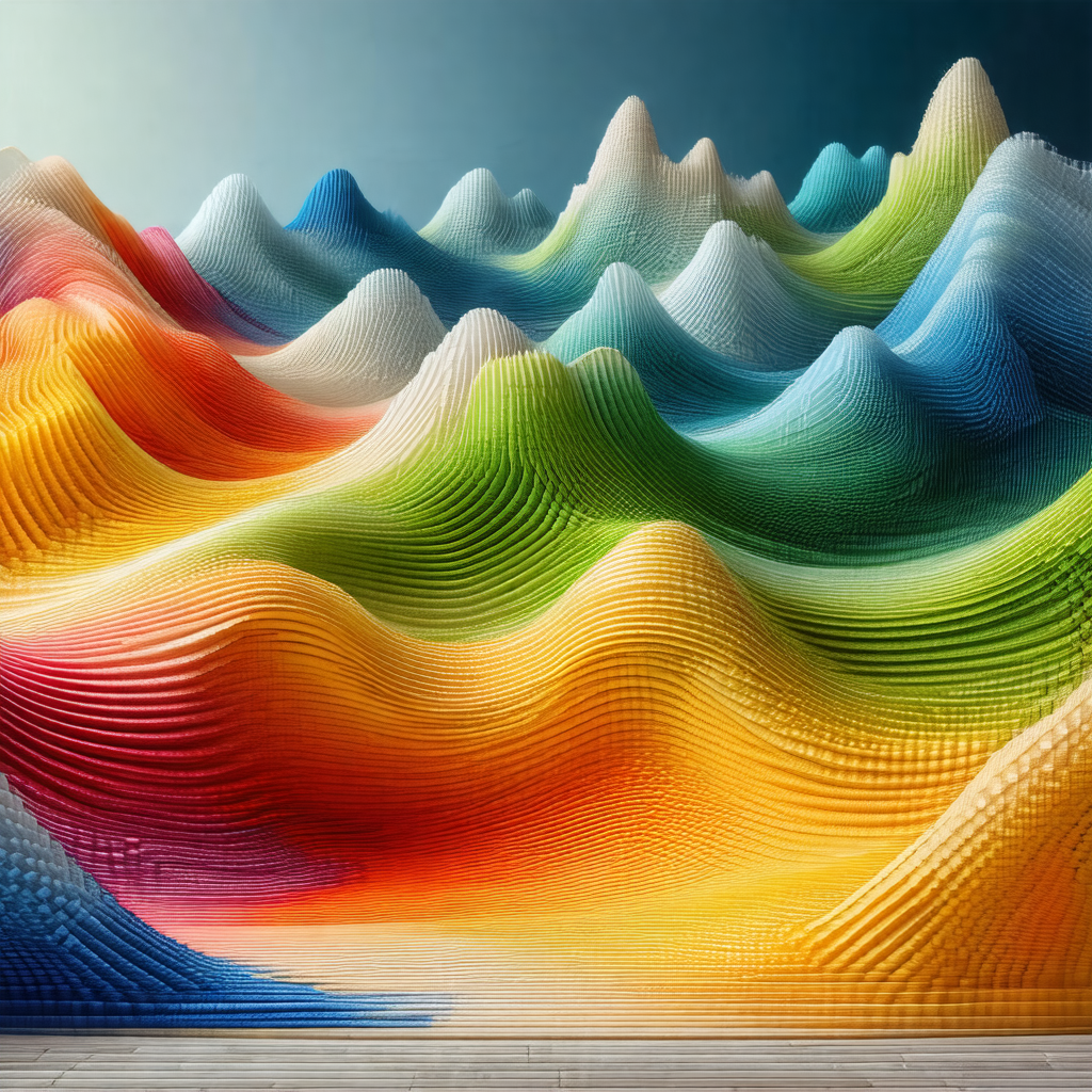 Large, colorful sculpture of a mountain range