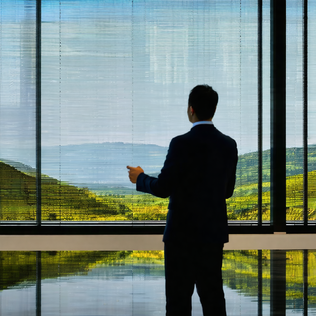 Man standing in front of a large window, looking out at t...