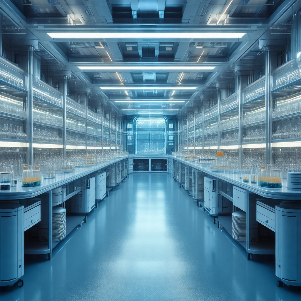 Large, clean, and well-lit laboratory with a blue-lit atm...