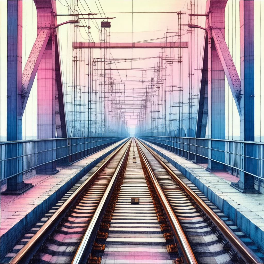 Painting of a train traveling on a bridge