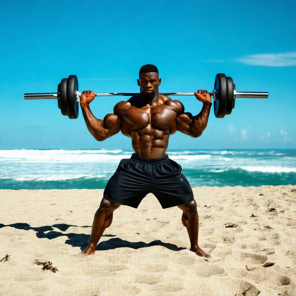 Man standing on a beach, holding a barbell with both hands