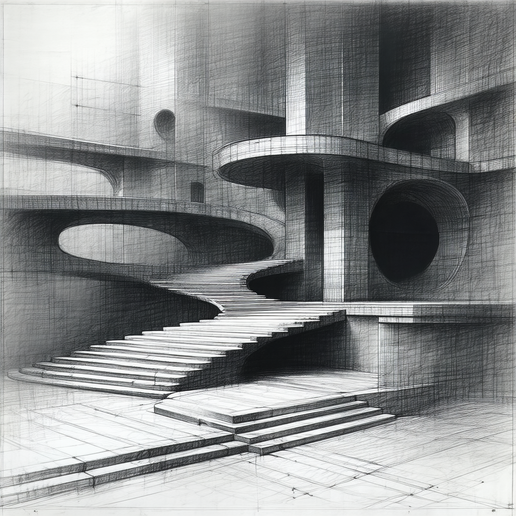 Black and white drawing of a spiral staircase