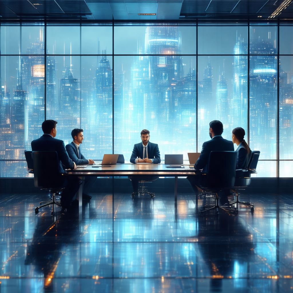 Group of people sitting around a large, long table in a m...