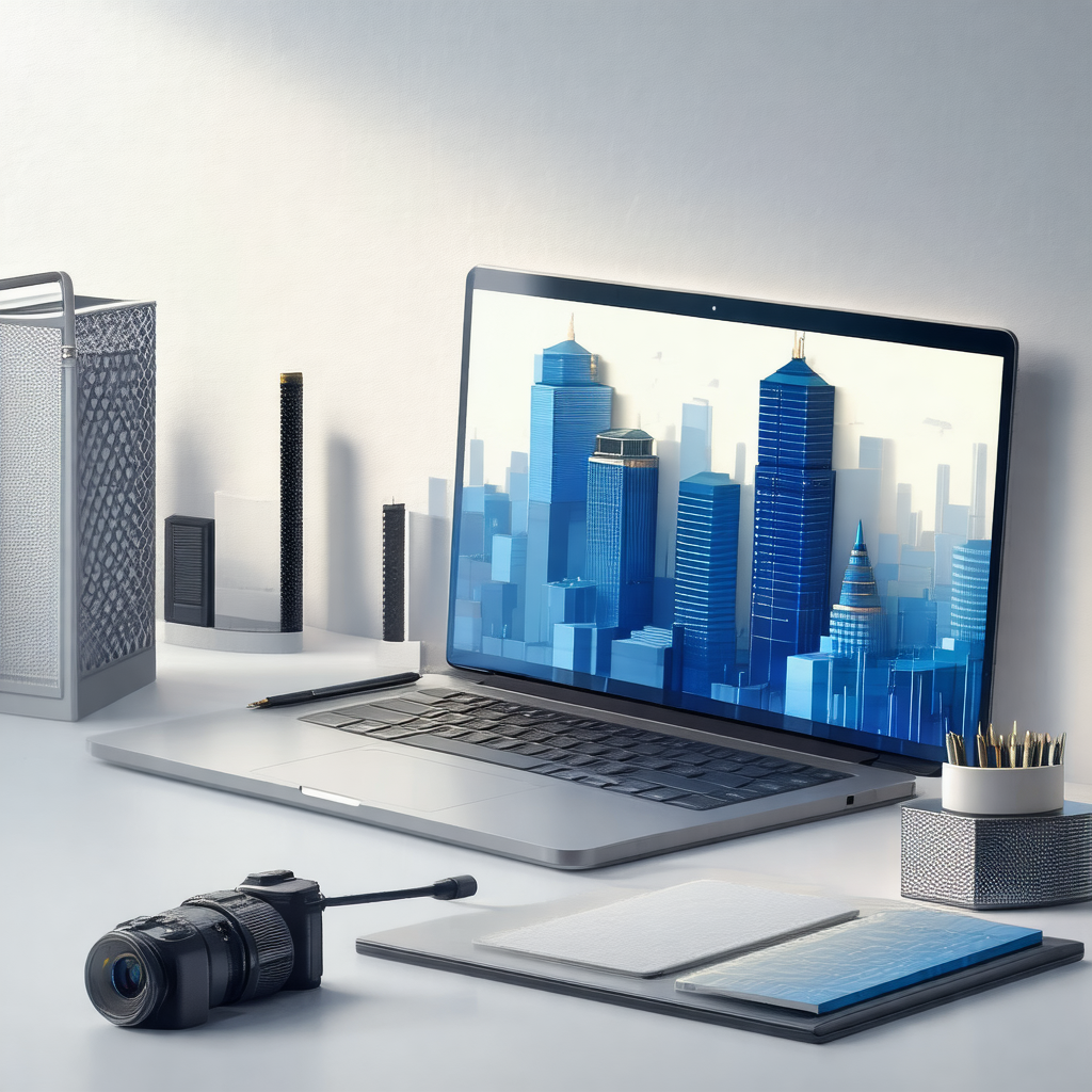 Laptop computer sitting on a desk, with a cityscape displ...