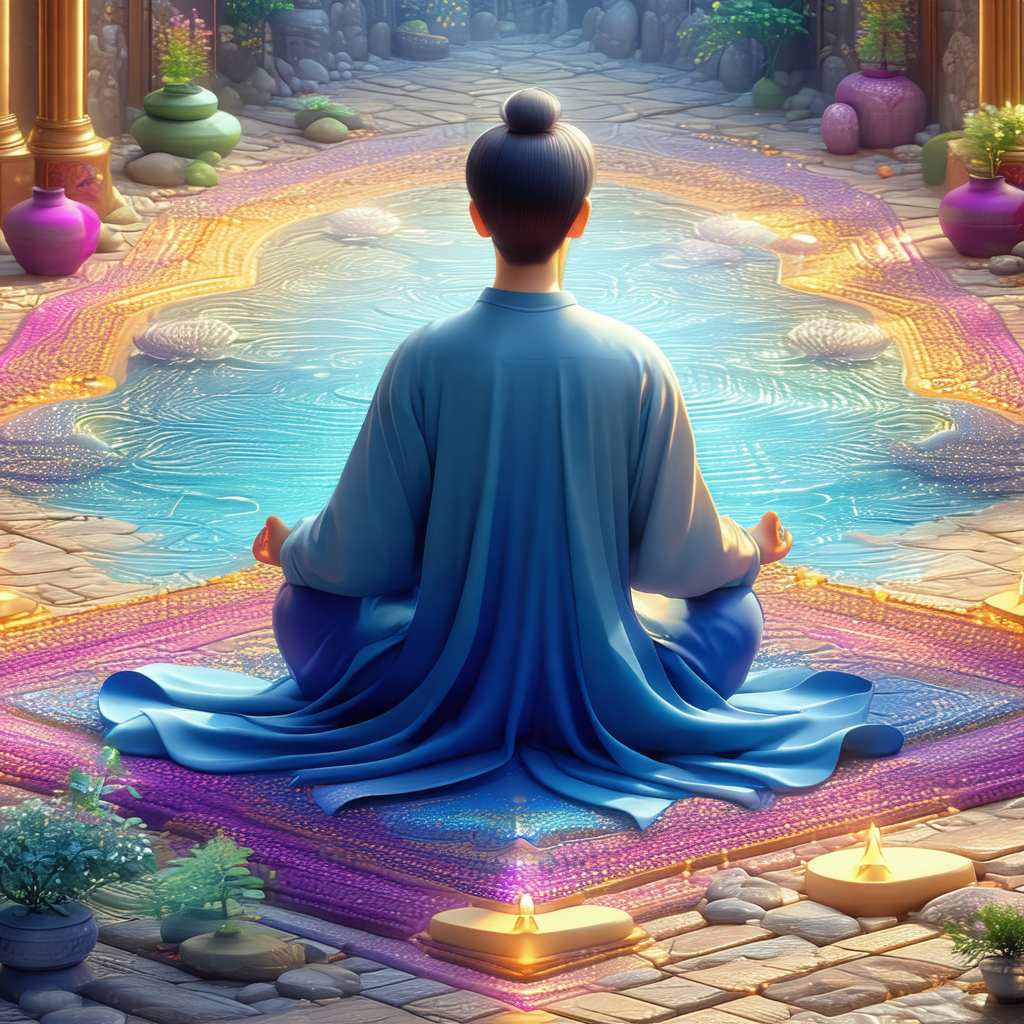 Woman sitting in a lotus position on a purple and blue rug