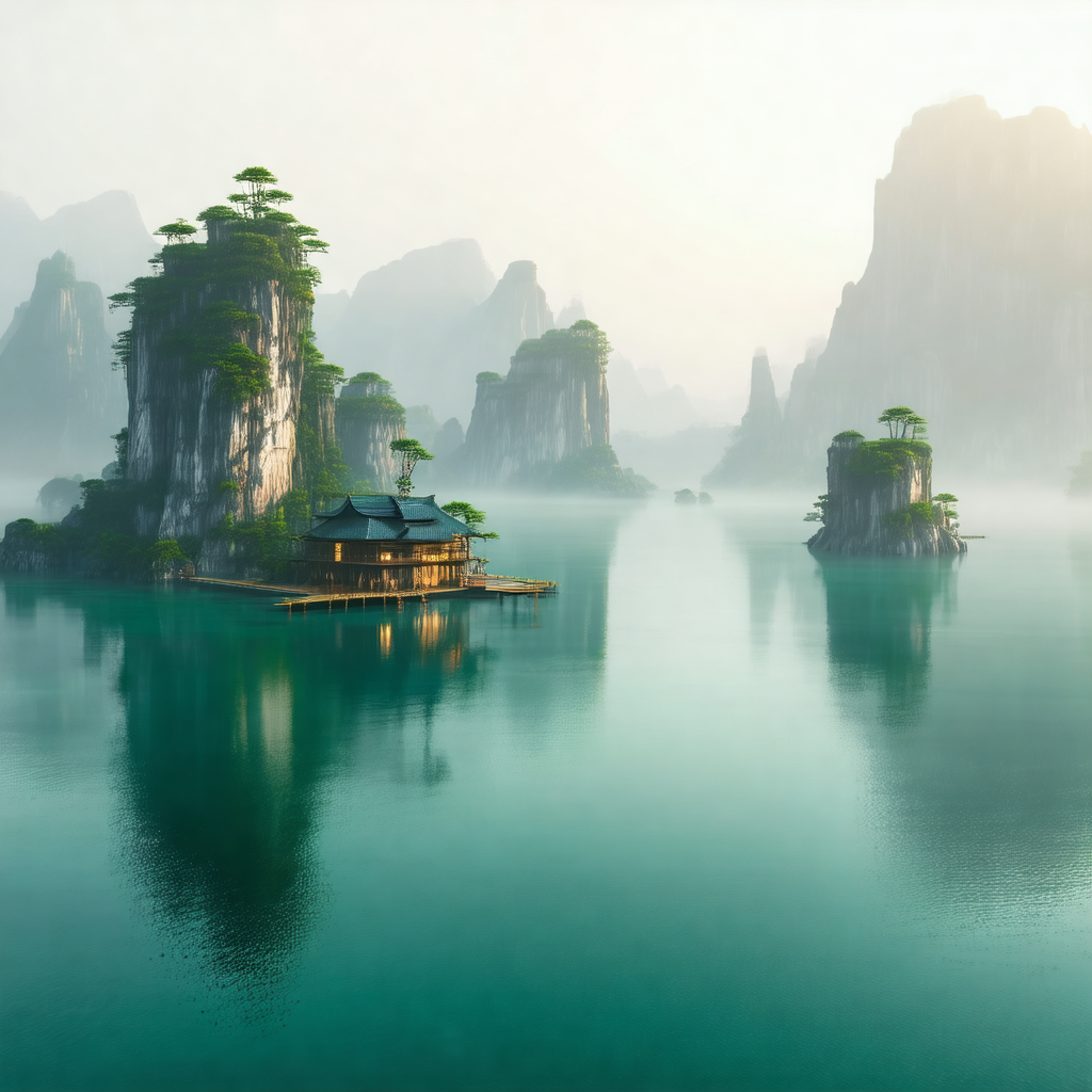 Serene scene of a house on stilts, situated on a small is...