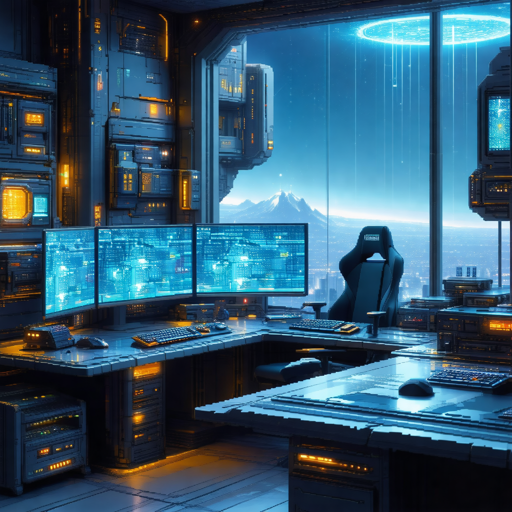 Futuristic computer lab with a large number of computer m...