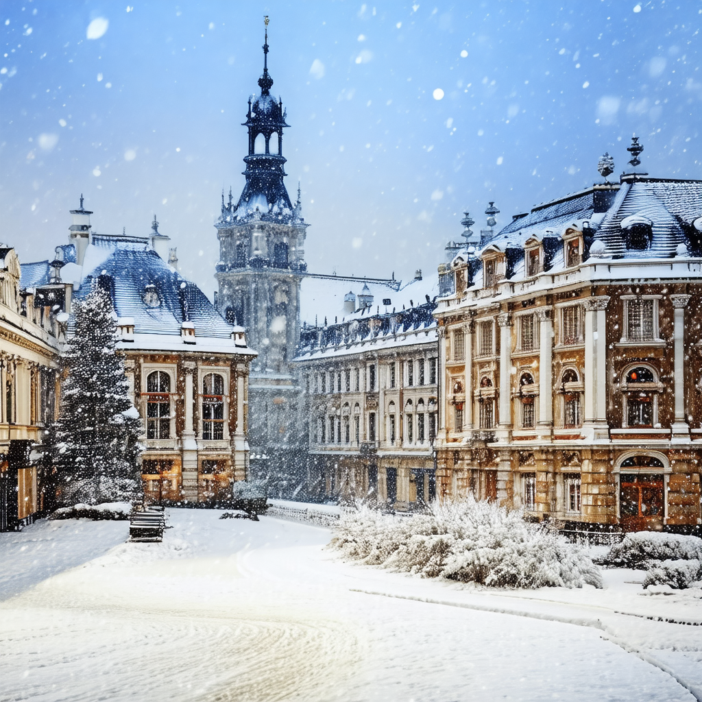 Snowy city street with a large building in the background
