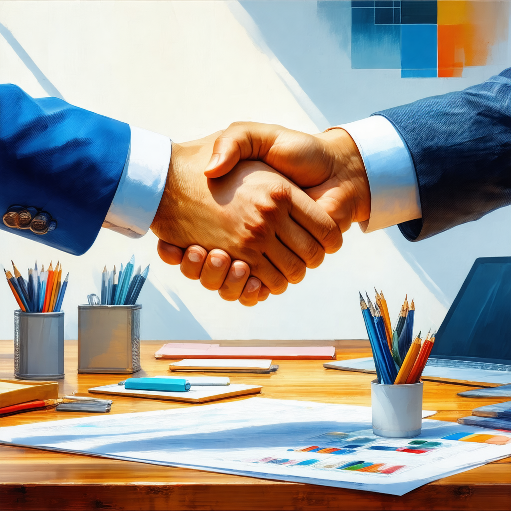 Man and a woman shaking hands over a wooden desk