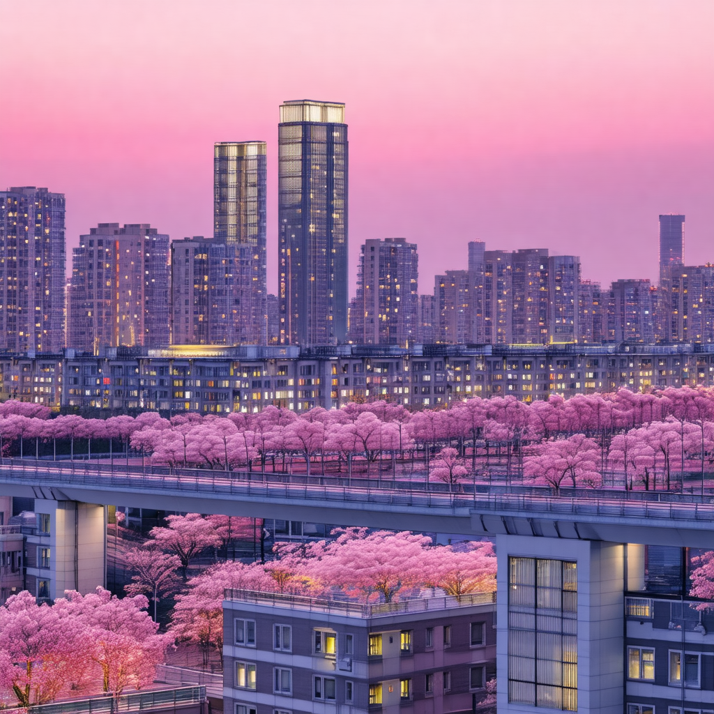 Cityscape with a large building in the foreground