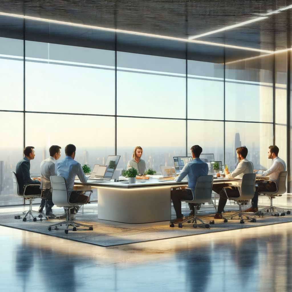Group of people sitting around a large white table in a c...