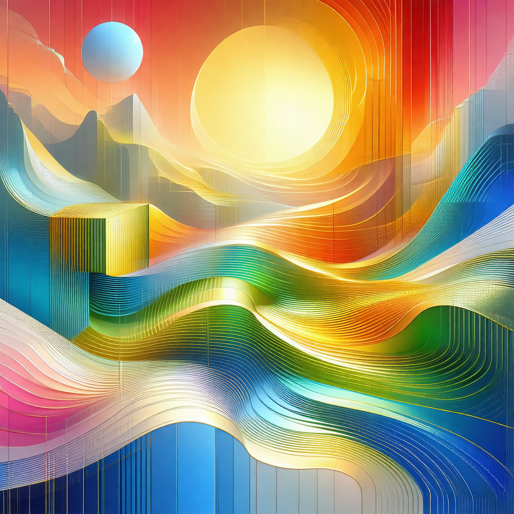 Colorful painting of a sunset, featuring a vibrant orange...