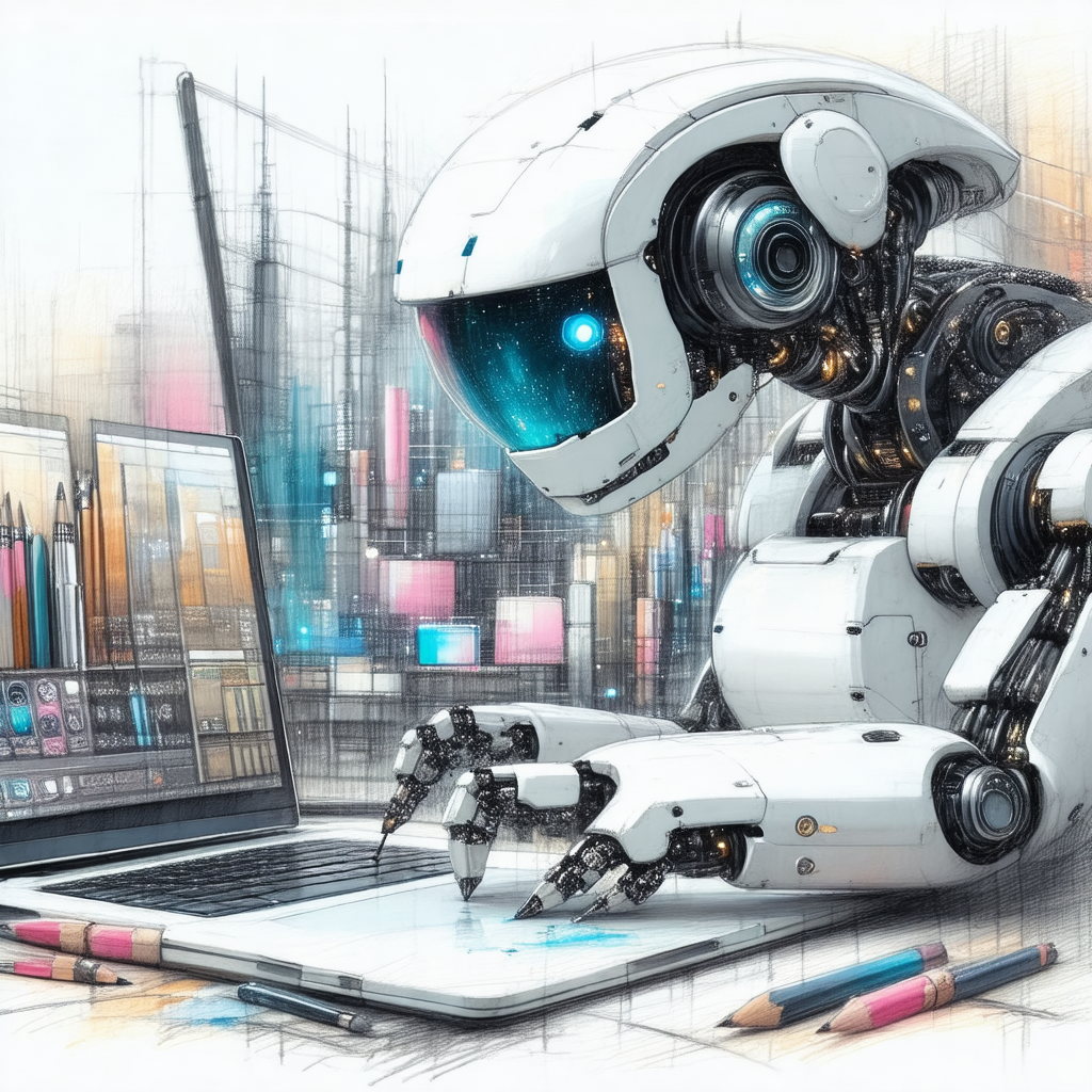 Futuristic robot sitting at a desk, working on a laptop c...
