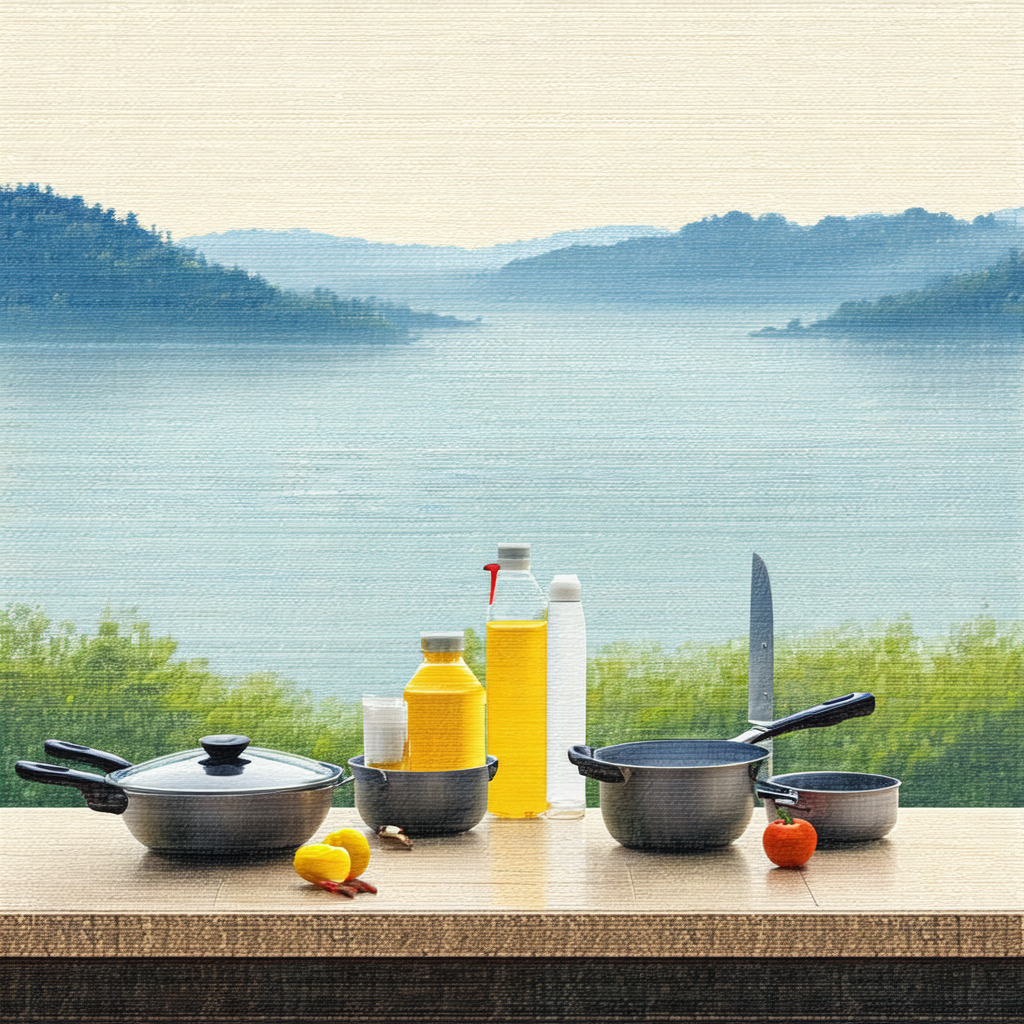 Wooden table with various items on it