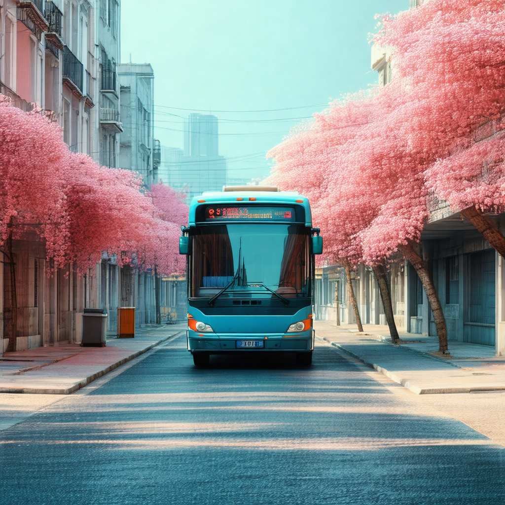 Blue and white bus driving down a tree-lined street