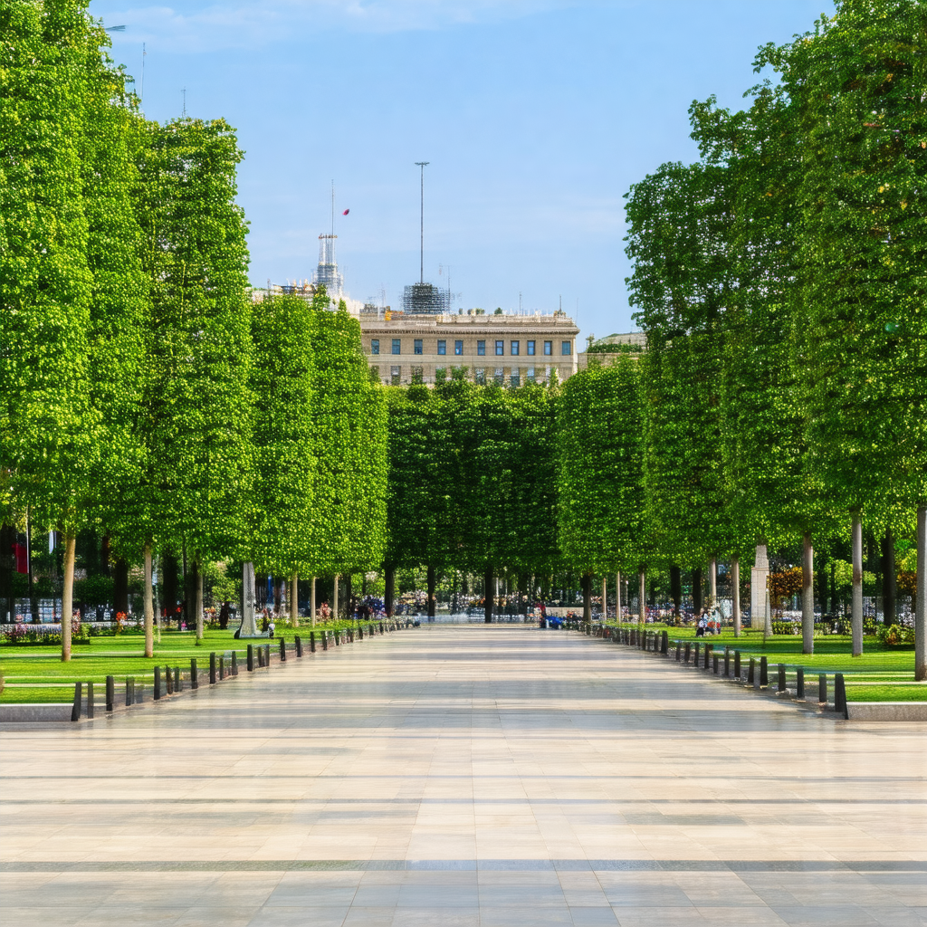 Long, tree-lined walkway that leads to a building