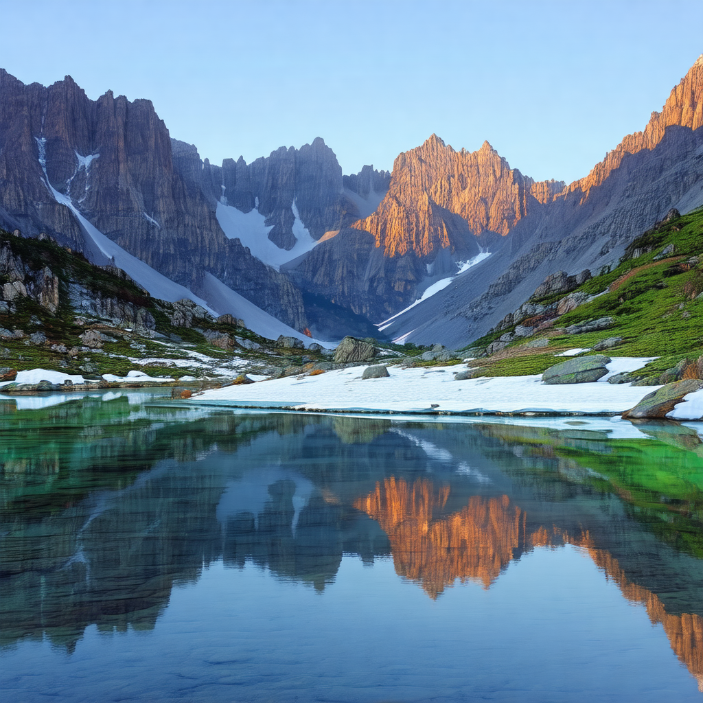 Serene mountain lake surrounded by snow-capped mountains
