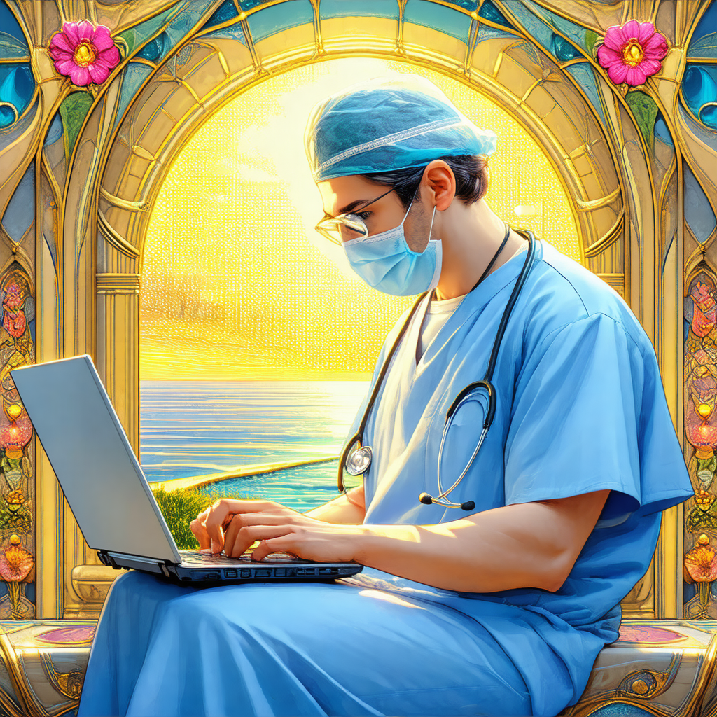 Man wearing a blue shirt and a stethoscope, sitting in fr...