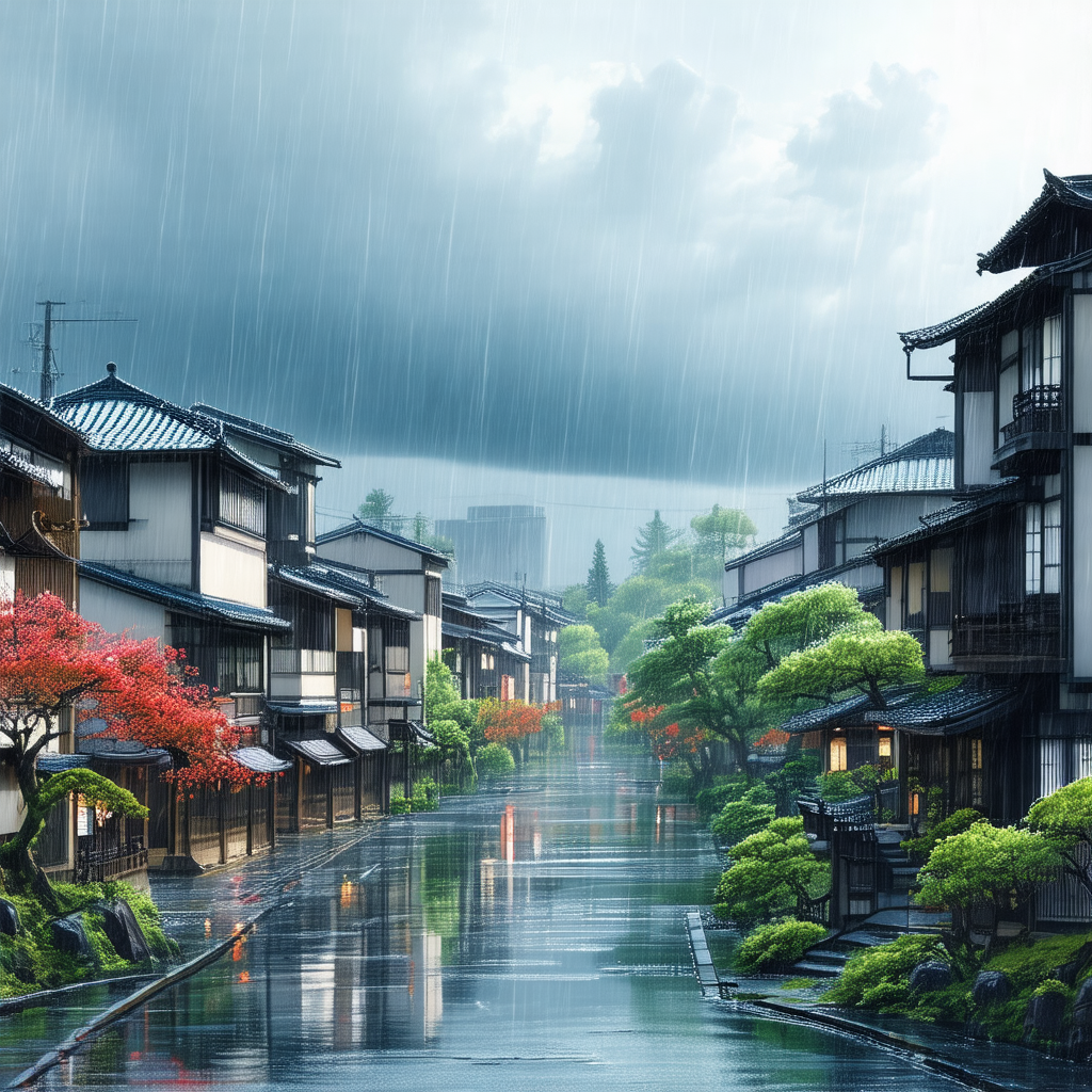 Rainy day in a small town with a narrow street