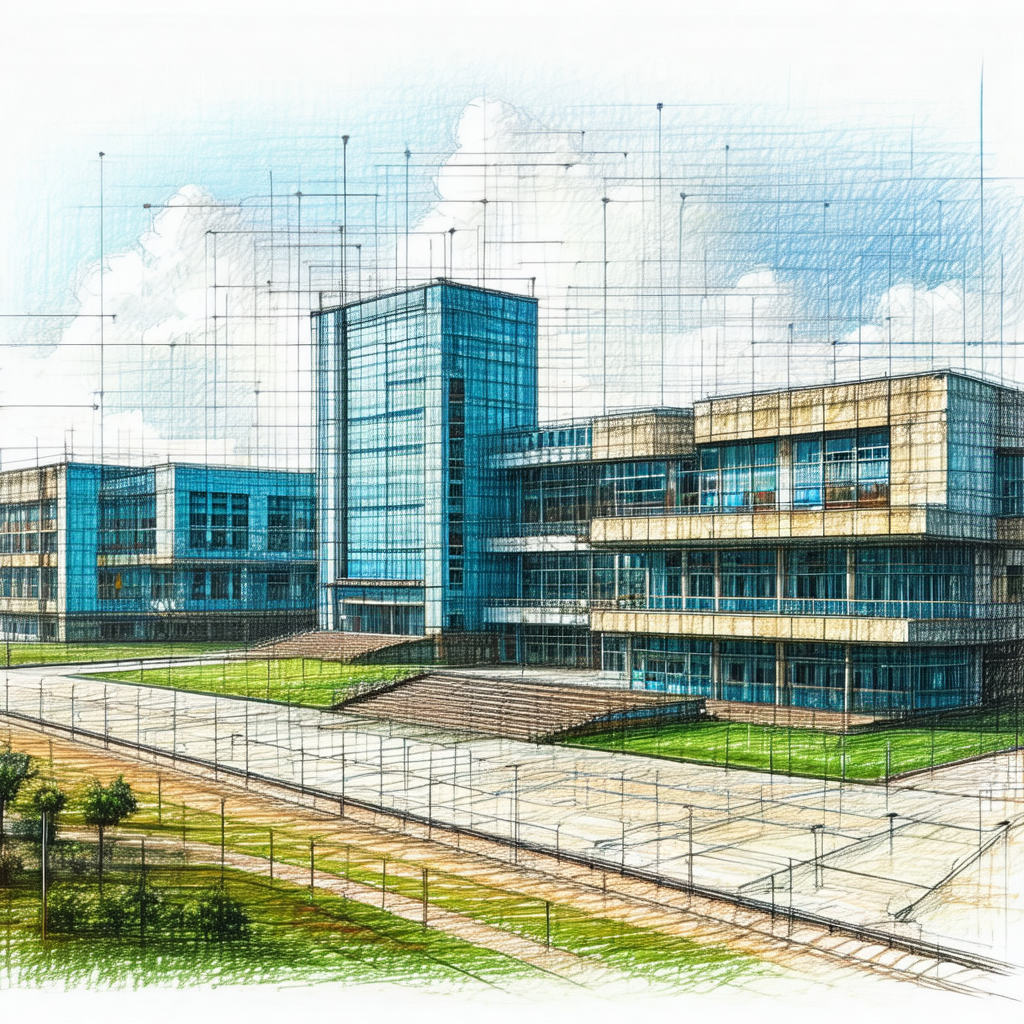 Drawing of a large building, possibly a university or a s...
