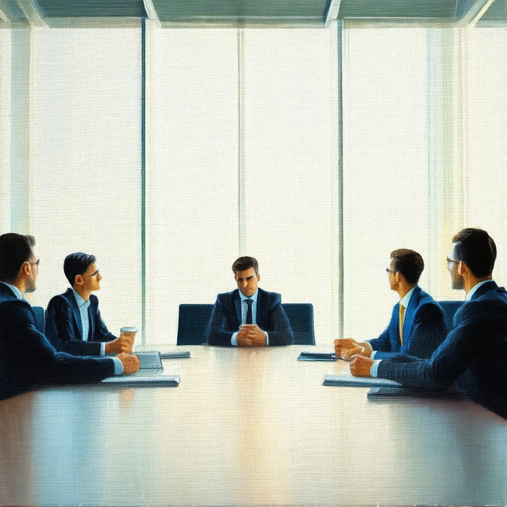 Group of men sitting around a large conference table, eng...