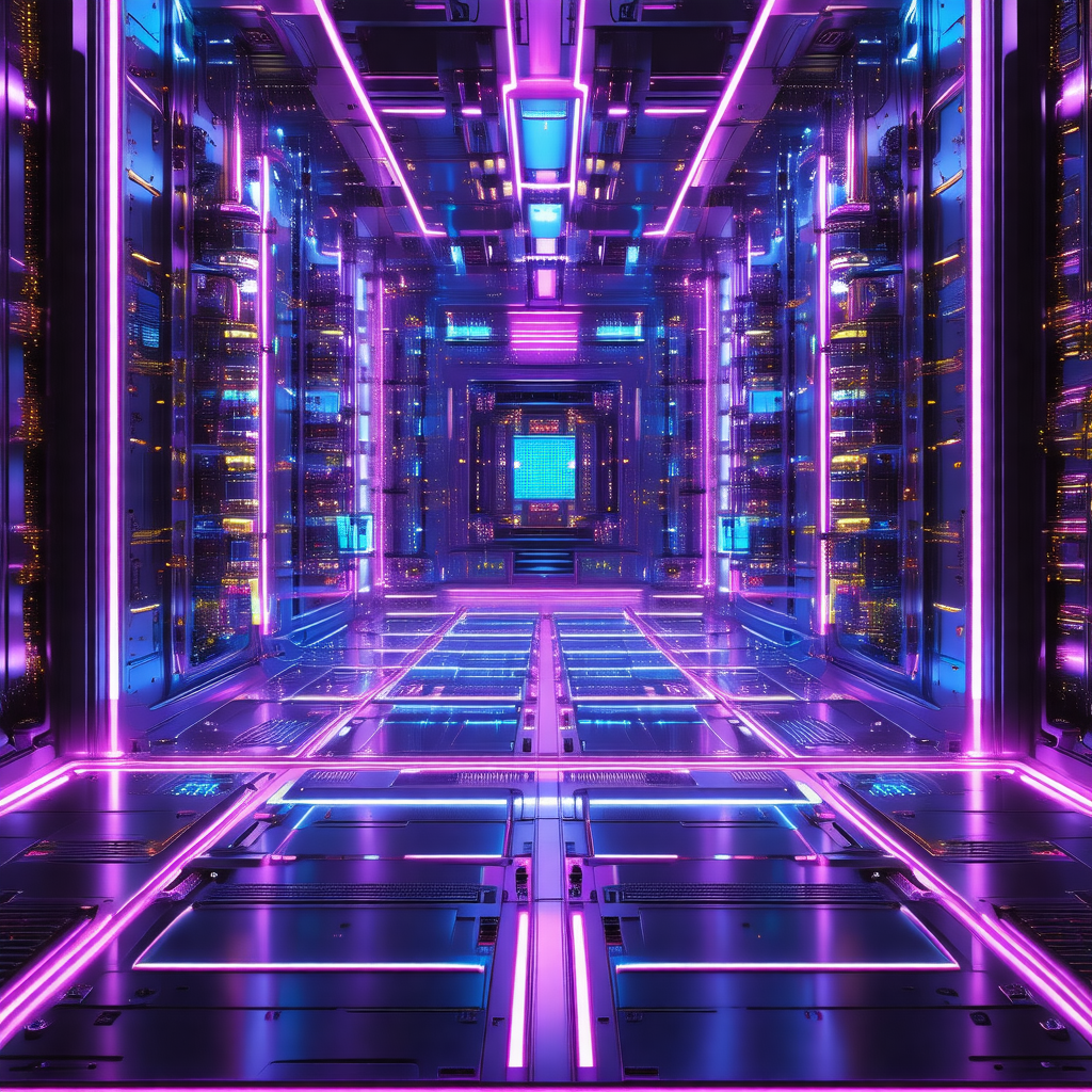 Futuristic, purple-lit room filled with rows of computer ...