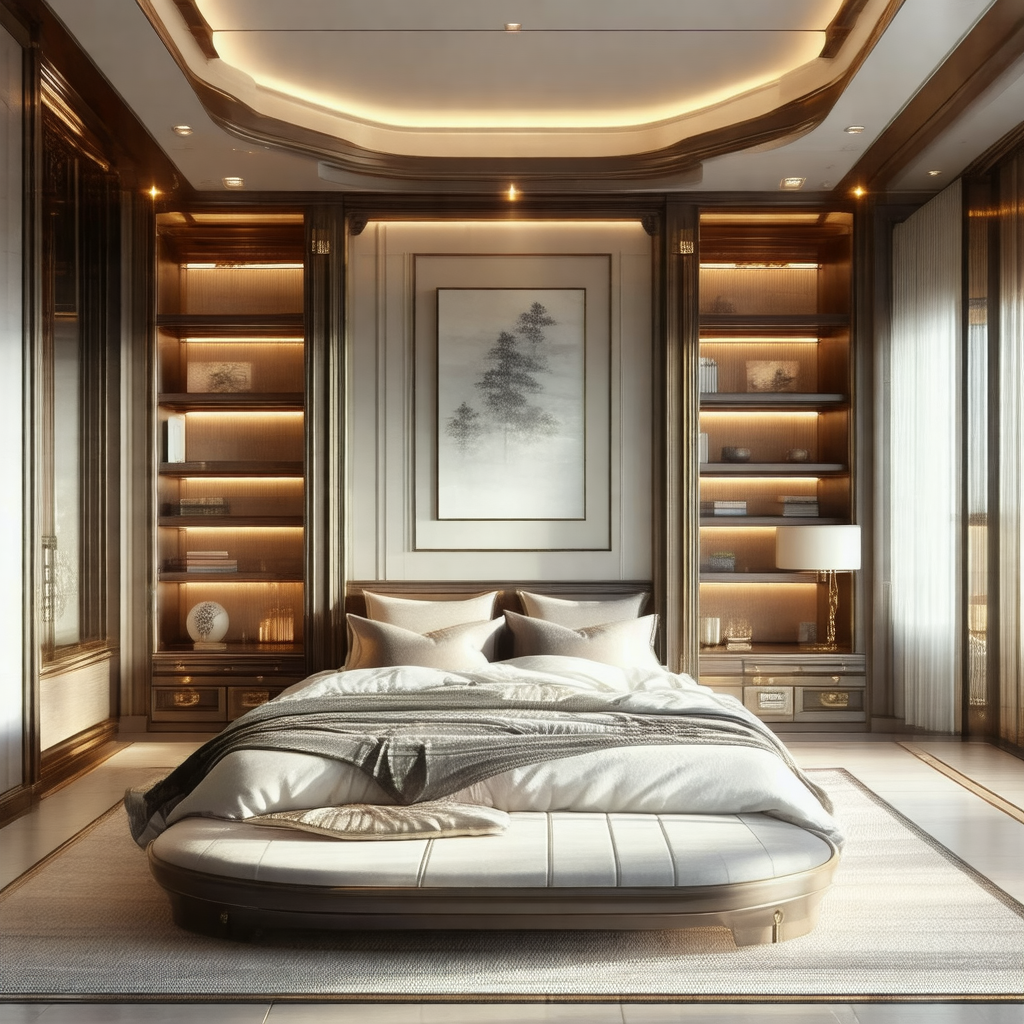 Large bedroom with a large bed placed in the center of th...