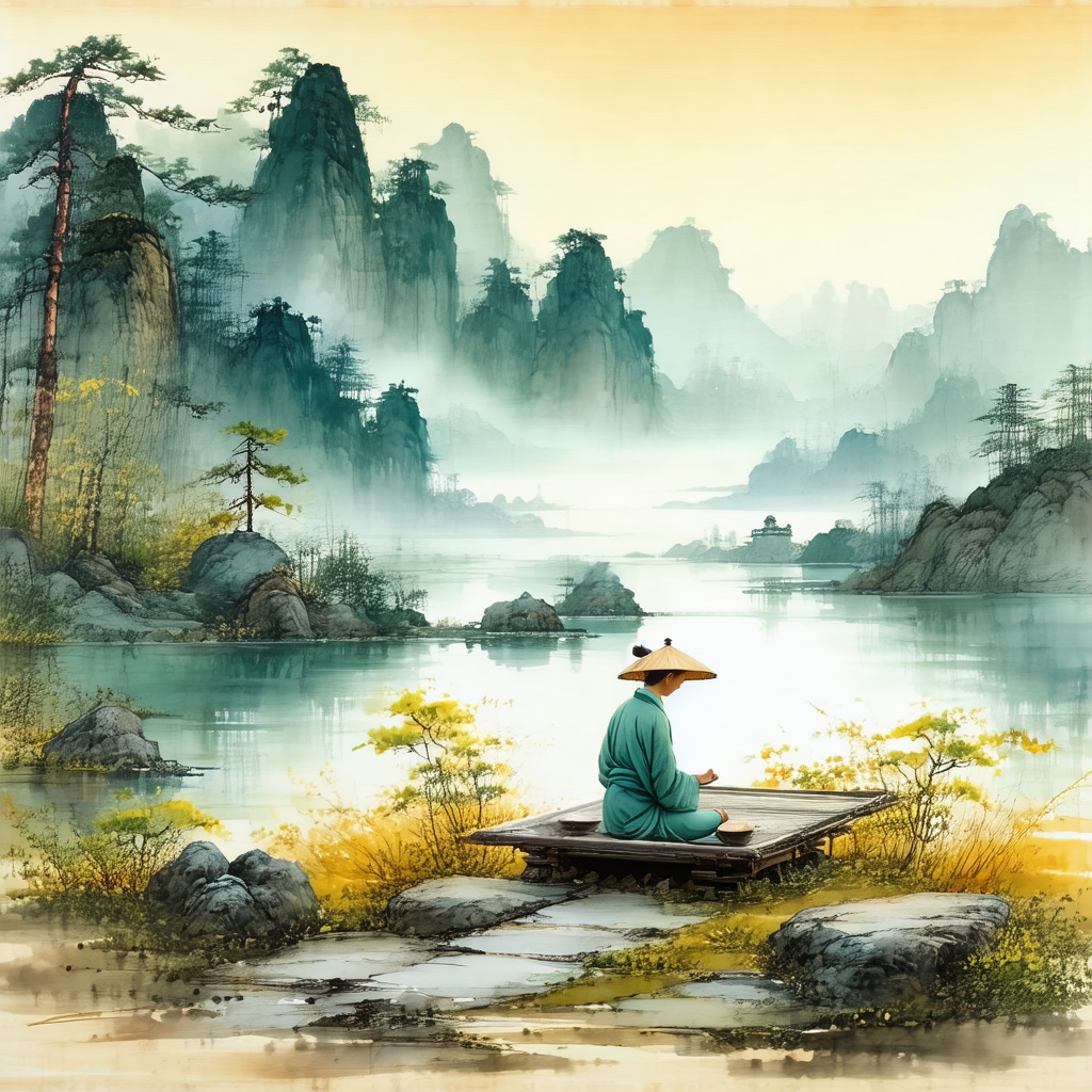 Man sitting on a wooden bench near a body of water, possi...
